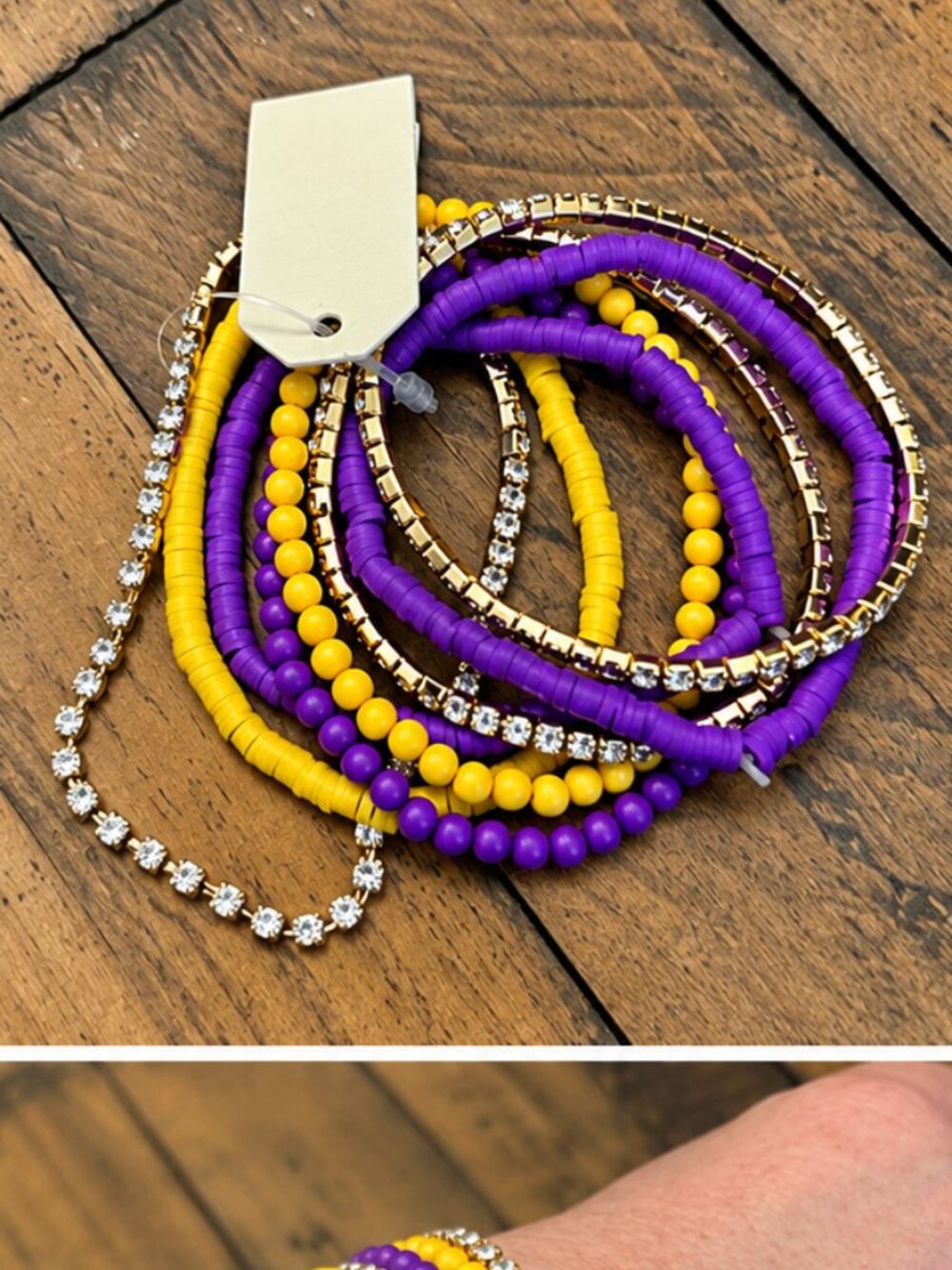 Purple & Gold Game Day Beaded Bracelet Stack Rhinestone Team Spirit